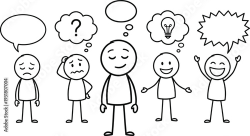 Stick Figure Emotions Set with Speech and Thought Bubbles Happy Sad Confused Idea Cartoon Characters Vector Illustration