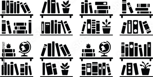 Bookshelf silhouette collection with books plant and globe, library shelf icon set in black solid vector design