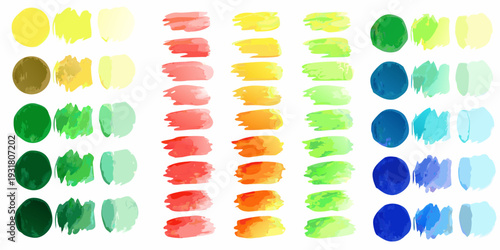 A vibrant collection of watercolor brushstrokes showcasing a spectrum of colors