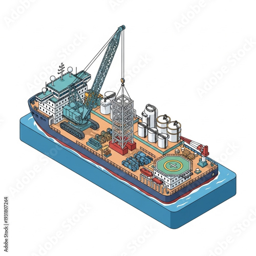 Offshore Oil Rig Platform with Crane and Equipment.