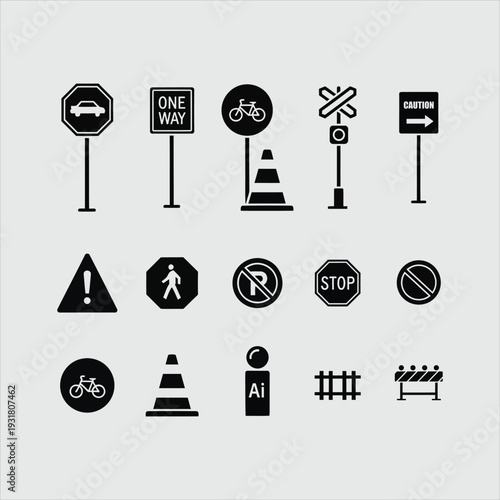 Road safety icon set featuring traffic signs one way street parking forbidden pedestrian crossing and bicycle lane signs