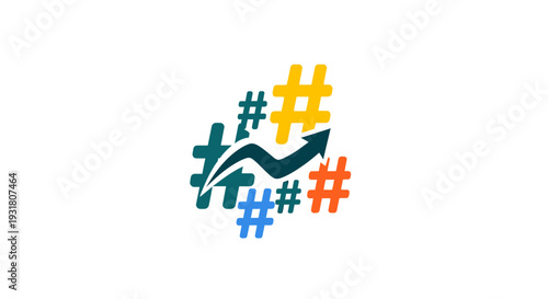 A stylized illustration of hashtags and an arrow.
