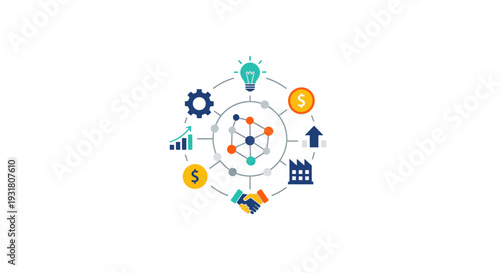 Business Network and Data Collaboration Icon with Financial Growth and Innovation, isolated white background.