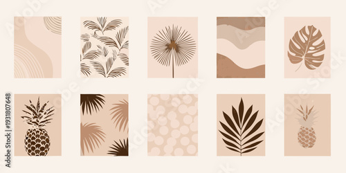 Neutral botanical prints arranged in a grid pattern on beige background