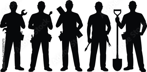Construction worker silhouettes set with tools shovel wrench and equipment, professional handyman vector illustration isolated