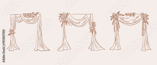 Vintage hand drawn Boho Chic wedding arch, arbor and chuppah set with flowers and flowing drapes. Whimsical retro drawings. Elegant romantic design.
