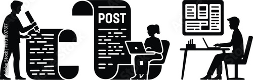 Content writing and blogging silhouettes with article post editing and online publishing concept vector illustration isolated