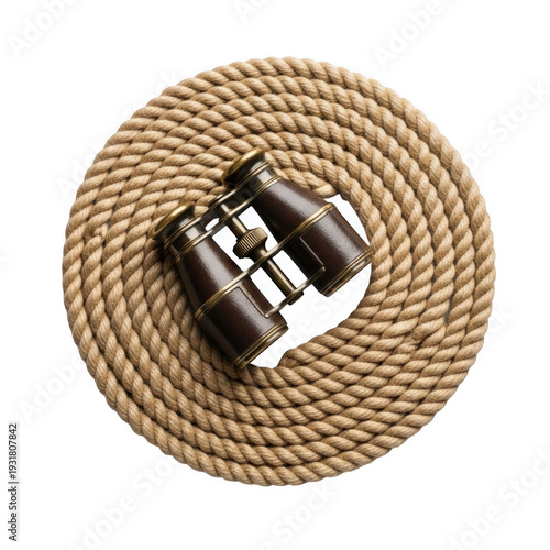 A close-up view of a coiled rope or cord with a small metallic object attached.