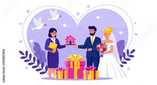 Newlywed Couple Buys First Home with Real Estate Agent. Flat illustration symbolizing love, family, future, and property investment.