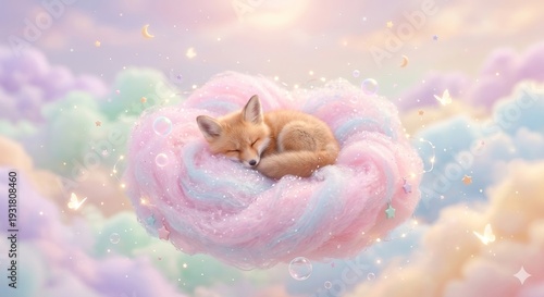 Cute fox resting on cotton candy cloud in pastel sky, dreamy gentle surreal concept