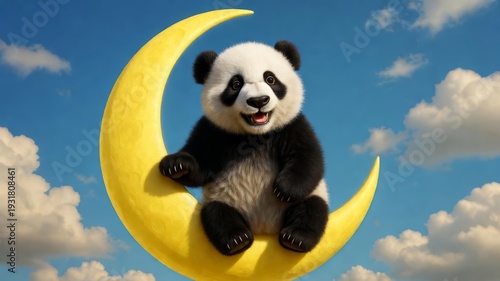 Cute panda sitting on yellow crescent moon in blue cloudy sky, magical dream fantasy and childhood wonder concept