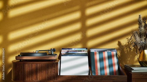 Retro interior with turntable and vinyl records on yellow wall 3D render illustration