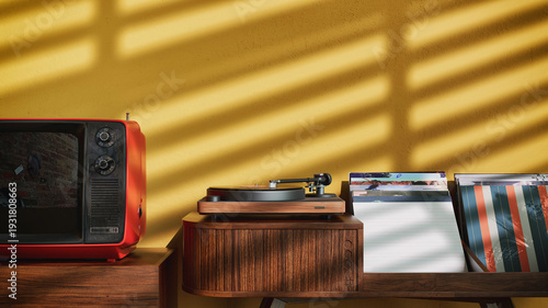 Retro interior with turntable and vinyl records on yellow wall 3D render illustration