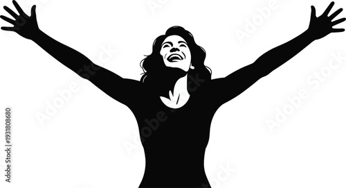 Happy woman silhouette with raised arms celebrating success, freedom and achievement black vector illustration isolated