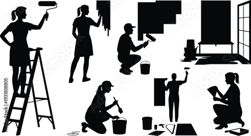 House painters silhouettes set with ladder roller brush and bucket, home renovation service vector illustration isolated