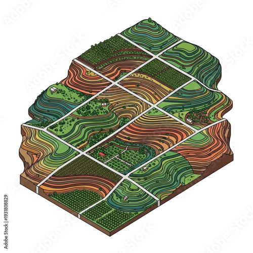 3D Topographic Map with Agricultural Land Use Patterns.