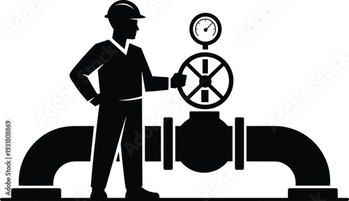 Industrial worker silhouette operating pipeline valve with pressure gauge, oil gas industry maintenance concept vector illustration isolated