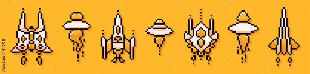 Obraz premium Collection with pixel spaceships and UFOs. 8-bit yellow and white elements.