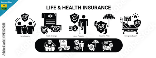 life and health insurance protection  icons including family security, medical coverage, income protection, insurance policy, and emergency support. glyph icons set.