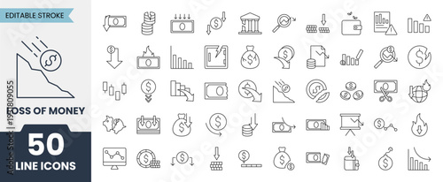 Loss of money line icons set with editable stroke. Icons related to bankruptcy, crisis, lose money and more. Vector illustration