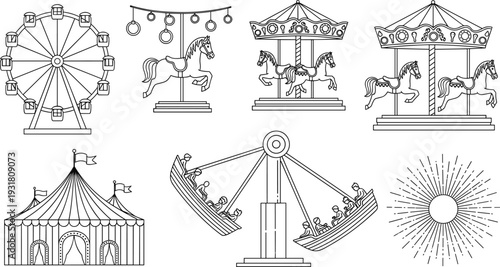 Amusement park and carnival ride line icon set, ferris wheel, carousel horse, circus tent, and pirate ship attraction isolated on white background.