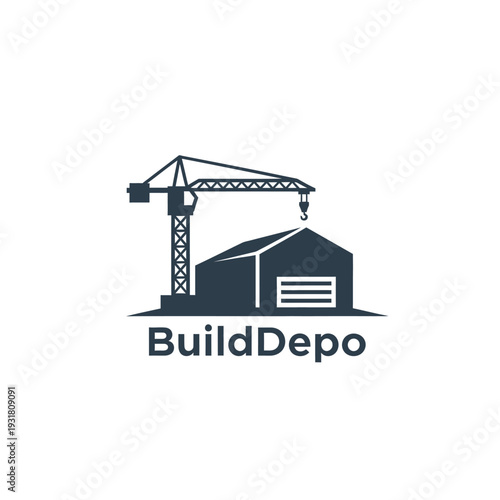 Tower crane and warehouse building logo for construction supply depot BuildDepo
