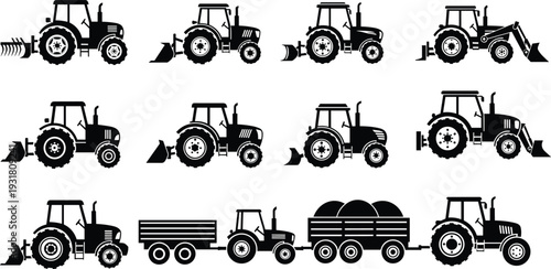 Black tractor silhouettes collection with agricultural machinery and farm trailers isolated on white background vector illustration set