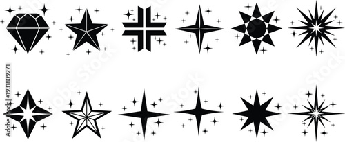 Black sparkling star and diamond silhouette icon set featuring magic twinkles, glitters, shines, and decorative glowing light bursts for design.