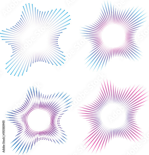Four circular halftone patterns in varying colors and arrangements on a white background