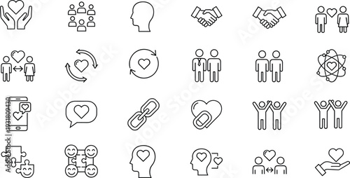 Charity and community support line icon set, humanitarian aid, volunteer work, and social connection symbols for nonprofit organizations on white background.