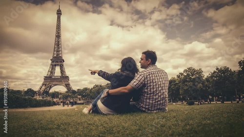 Romantic couple sitting together on grass looking at the Eiffel Tower in Paris under a cloudy sepia-toned sky.