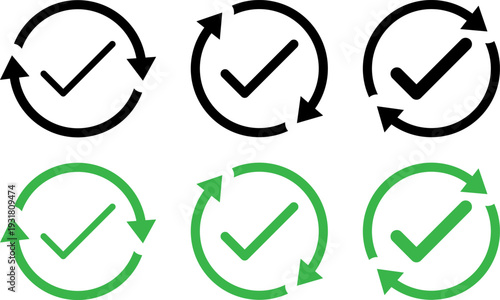 Circular check mark icons with arrows in black and green