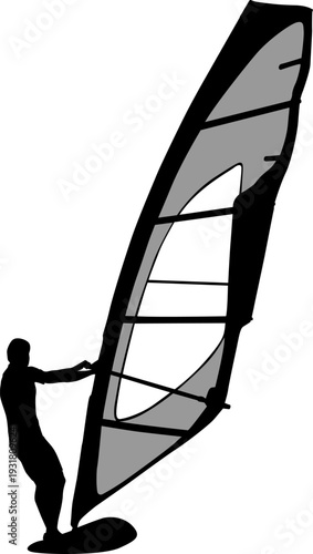 Black silhouette of a man windsurfing on a board with sail isolated on white background. Extreme water sport concept for summer vacation, adventure, or outdoor lifestyle design