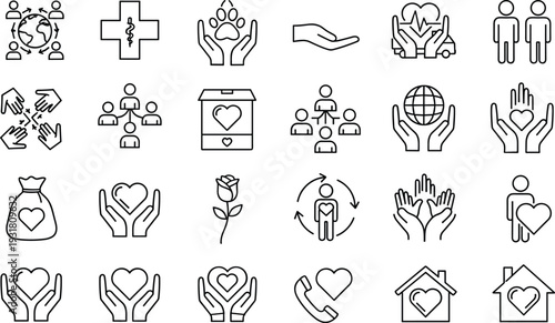 Charity and volunteer line icon set, nonprofit organization symbols for community support and humanitarian aid isolated on white background.
