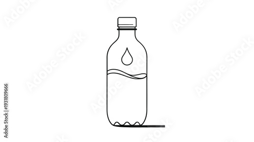 Simple line drawing of a plastic water bottle with a single droplet