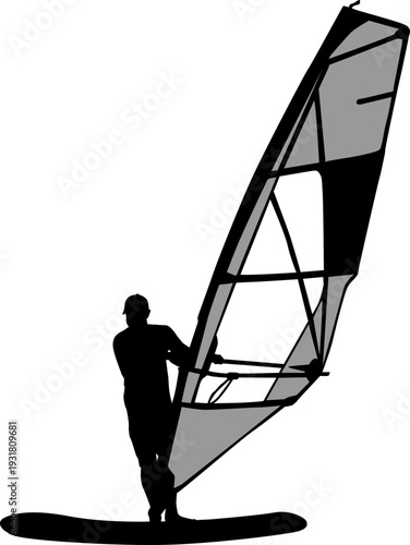 Black silhouette of a man windsurfing on a board with sail isolated on white background. Extreme water sport concept for summer vacation, adventure, or outdoor lifestyle design