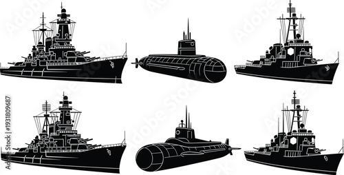 Naval vessel silhouette illustration, battleship, submarine, destroyer, military ship vector art, warship design, maritime defense, navy fleet, ocean security concept