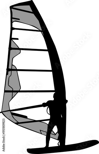 Black silhouette of a man windsurfing on a board with sail isolated on white background. Extreme water sport concept for summer vacation, adventure, or outdoor lifestyle design