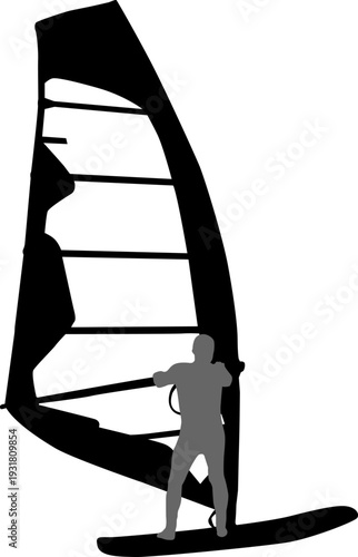 Black silhouette of a man windsurfing on a board with sail isolated on white background. Extreme water sport concept for summer vacation, adventure, or outdoor lifestyle design