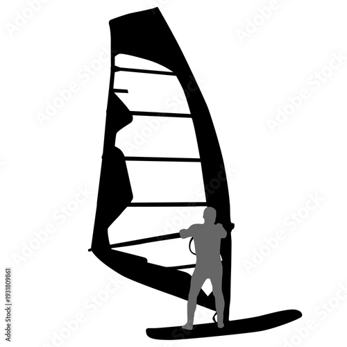 Black silhouette of a man windsurfing on a board with sail isolated on white background. Extreme water sport concept for summer vacation, adventure, or outdoor lifestyle design