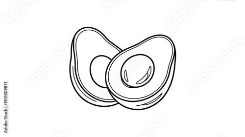 Simple black and white drawing of two avocado halves with pits