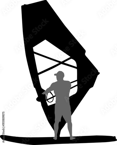 Black silhouette of a man windsurfing on a board with sail isolated on white background. Extreme water sport concept for summer vacation, adventure, or outdoor lifestyle design