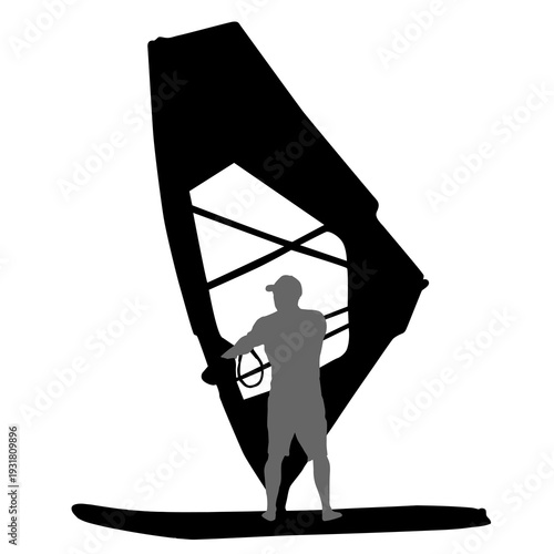 Black silhouette of a man windsurfing on a board with sail isolated on white background. Extreme water sport concept for summer vacation, adventure, or outdoor lifestyle design