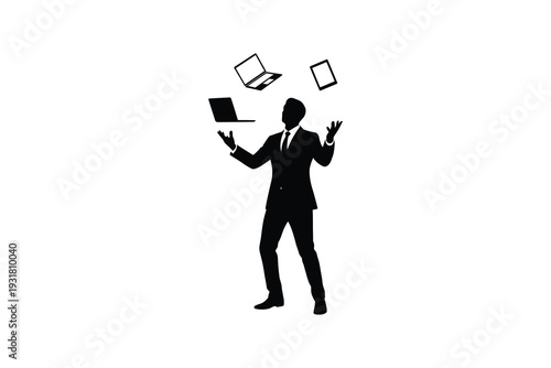 Multitasking Businessman Juggling Laptop and Tablet Devices Flat Black and White Clipart