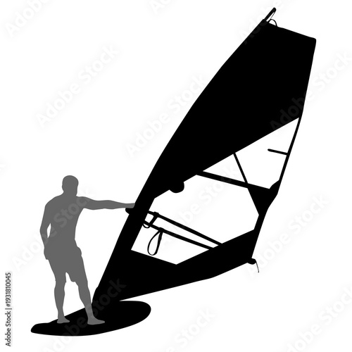 Black silhouette of a man windsurfing on a board with sail isolated on white background. Extreme water sport concept for summer vacation, adventure, or outdoor lifestyle design