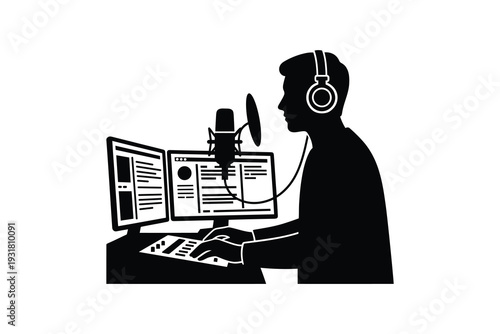 Radio Host Recording at Computer with Condenser Microphone and Headphones Black and White Artwork