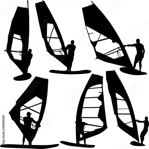 Set of black silhouette windsurfing men on boards with sail isolated on white background. Collection of extreme water sport poses for summer adventure, ocean sports, or outdoor lifestyle design