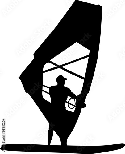 Black silhouette of a man windsurfing on a board with sail isolated on white background. Extreme water sport concept for summer vacation, adventure, or outdoor lifestyle design