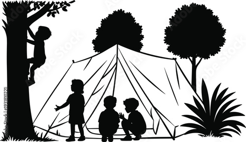 Children camping outdoor silhouette scene, tent adventure illustration, kids climbing tree, playful nature exploration, friendship bonding vector design