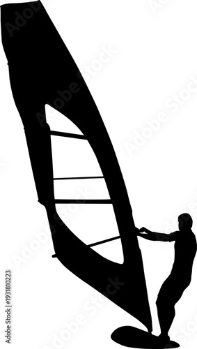 Black silhouette of a man windsurfing on a board with sail isolated on white background. Extreme water sport concept for summer vacation, adventure, or outdoor lifestyle design